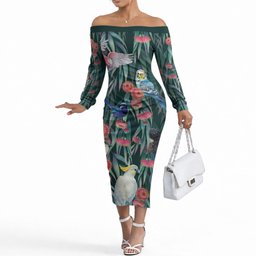 Australia Native Birds on Eucalyptus Off The Shoulder Long Sleeve Dress Dark Teal