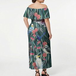 Australia Native Birds on Eucalyptus Off Shoulder Maxi Dress Dark Teal