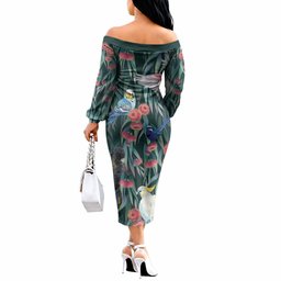 Australia Native Birds on Eucalyptus Off The Shoulder Long Sleeve Dress Dark Teal