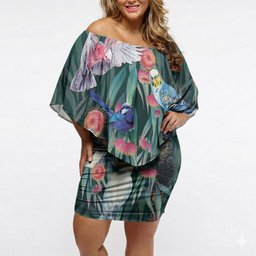 Australia Native Birds on Eucalyptus Off Shoulder Short Dress Dark Teal