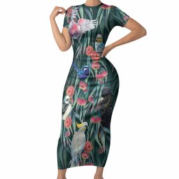 Australia Native Birds on Eucalyptus Short Sleeve Bodycon Dress Dark Teal