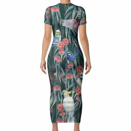 Australia Native Birds on Eucalyptus Short Sleeve Bodycon Dress Dark Teal