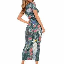 Australia Native Birds on Eucalyptus Short Sleeve Bodycon Dress Dark Teal