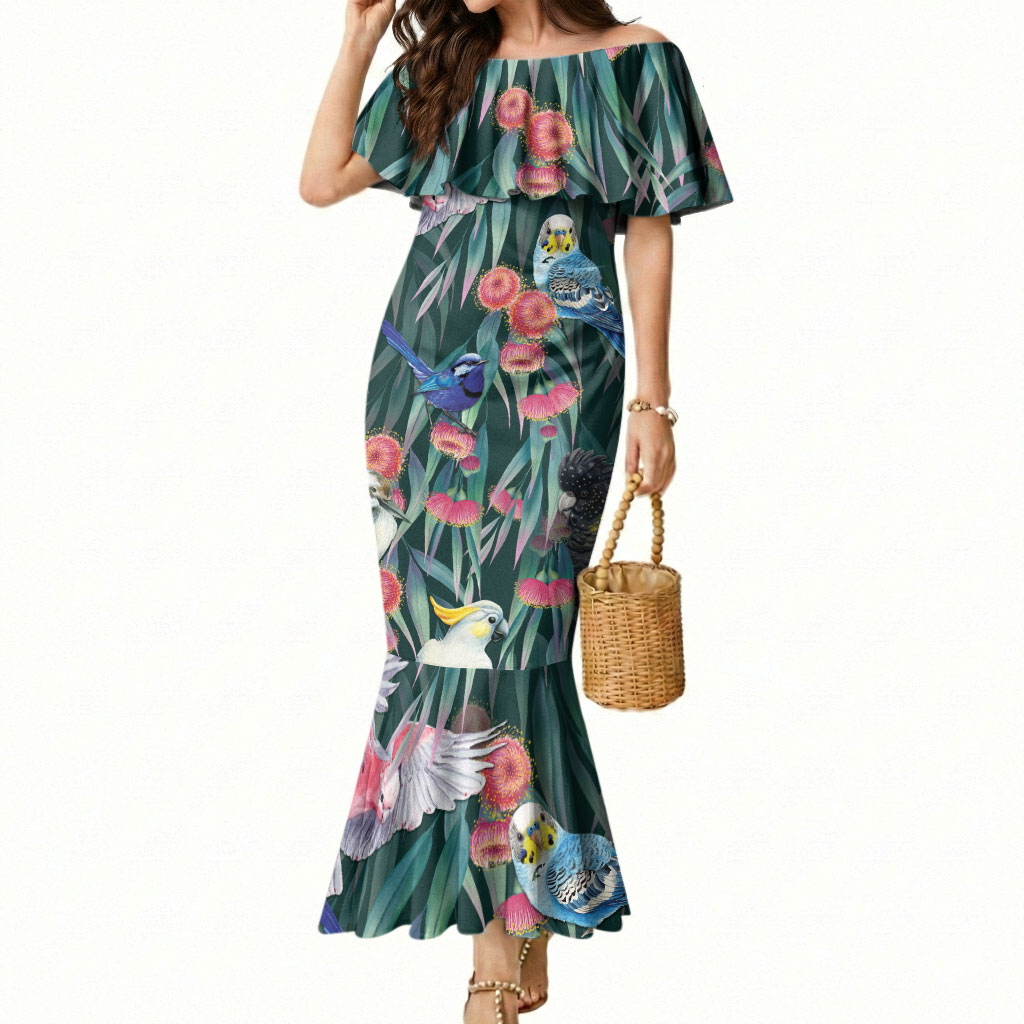 Australia Native Birds on Eucalyptus Mermaid Dress Dark Teal