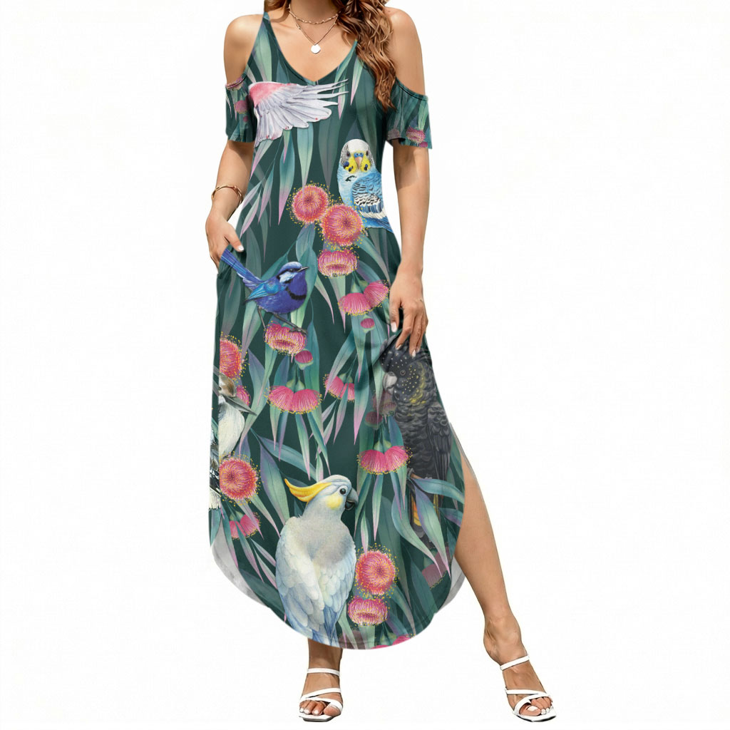 Australia Native Birds on Eucalyptus Summer Maxi Dress Dark Teal
