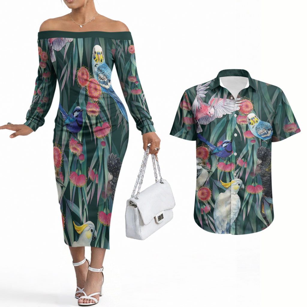 Australia Native Birds on Eucalyptus Couples Matching Off The Shoulder Long Sleeve Dress and Hawaiian Shirt Dark Teal