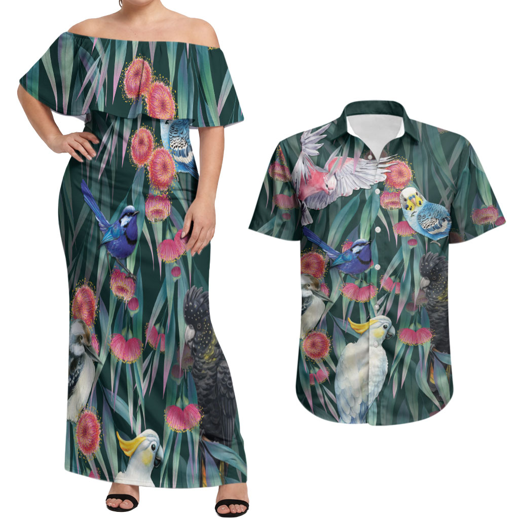 Australia Native Birds on Eucalyptus Couples Matching Off Shoulder Maxi Dress and Hawaiian Shirt Dark Teal