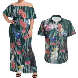 Australia Native Birds on Eucalyptus Couples Matching Off Shoulder Maxi Dress and Hawaiian Shirt Dark Teal