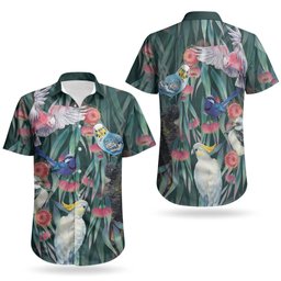 Australia Native Birds on Eucalyptus Couples Matching Off Shoulder Maxi Dress and Hawaiian Shirt Dark Teal