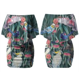 Australia Native Birds on Eucalyptus Couples Matching Off Shoulder Short Dress and Hawaiian Shirt Dark Teal