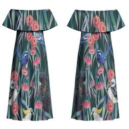 Australia Native Birds on Eucalyptus Couples Matching Off Shoulder Maxi Dress and Hawaiian Shirt Dark Teal