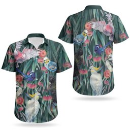 Australia Native Birds on Eucalyptus Couples Matching Short Sleeve Bodycon Dress and Hawaiian Shirt Dark Teal