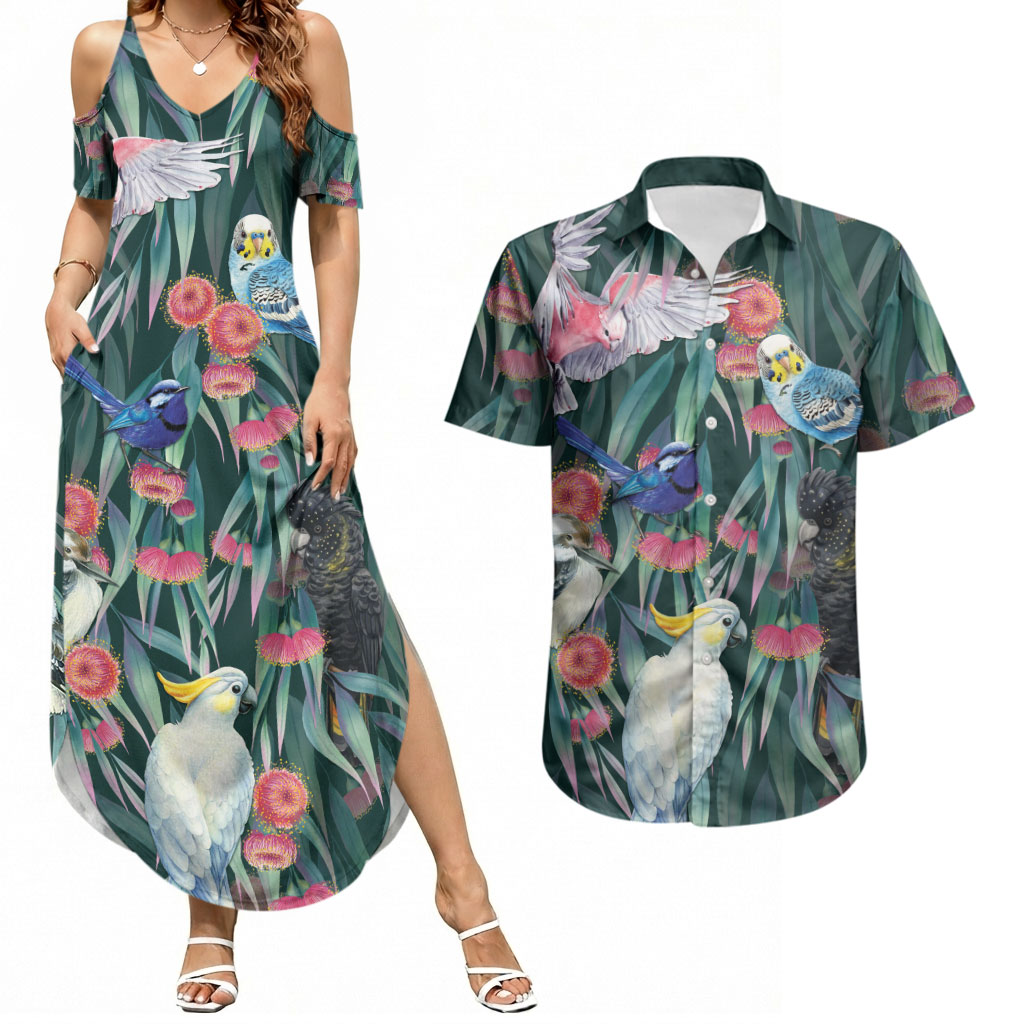 Australia Native Birds on Eucalyptus Couples Matching Summer Maxi Dress and Hawaiian Shirt Dark Teal