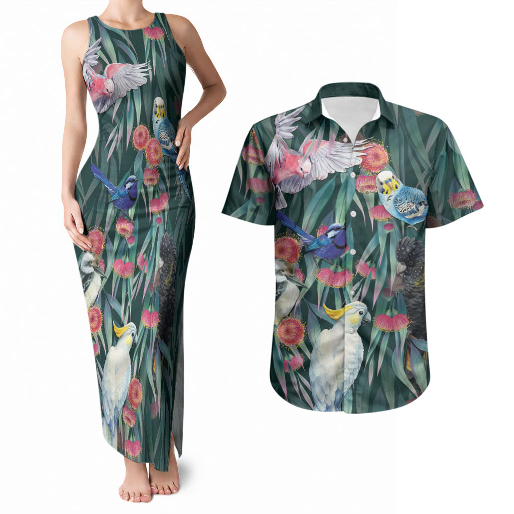 Australia Native Birds on Eucalyptus Couples Matching Tank Maxi Dress and Hawaiian Shirt Dark Teal