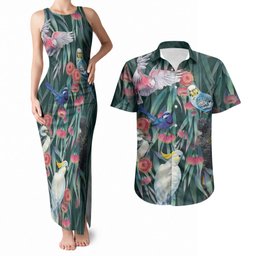 Australia Native Birds on Eucalyptus Couples Matching Tank Maxi Dress and Hawaiian Shirt Dark Teal