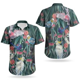 Australia Native Birds on Eucalyptus Couples Matching Summer Maxi Dress and Hawaiian Shirt Dark Teal