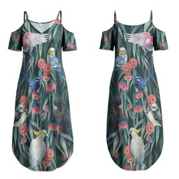 Australia Native Birds on Eucalyptus Couples Matching Summer Maxi Dress and Hawaiian Shirt Dark Teal