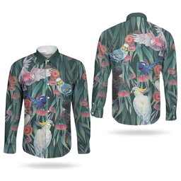 Australia Native Birds on Eucalyptus Couples Matching Off The Shoulder Long Sleeve Dress and Long Sleeve Button Shirt Dark Teal