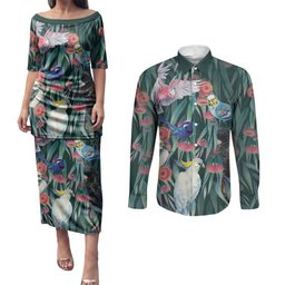 Australia Native Birds on Eucalyptus Couples Matching Puletasi and Long Sleeve Button Shirt Dark Teal