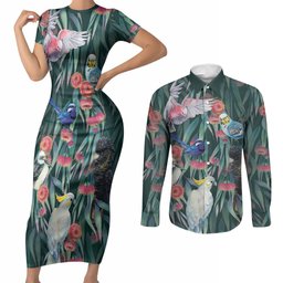 Australia Native Birds on Eucalyptus Couples Matching Short Sleeve Bodycon Dress and Long Sleeve Button Shirt Dark Teal