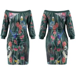 Australia Native Birds on Eucalyptus Couples Matching Off The Shoulder Long Sleeve Dress and Long Sleeve Button Shirt Dark Teal