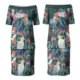 Australia Native Birds on Eucalyptus Couples Matching Puletasi and Long Sleeve Button Shirt Dark Teal
