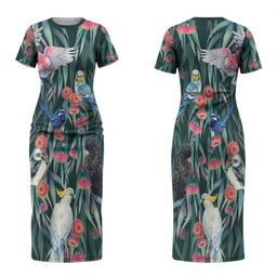 Australia Native Birds on Eucalyptus Couples Matching Short Sleeve Bodycon Dress and Long Sleeve Button Shirt Dark Teal