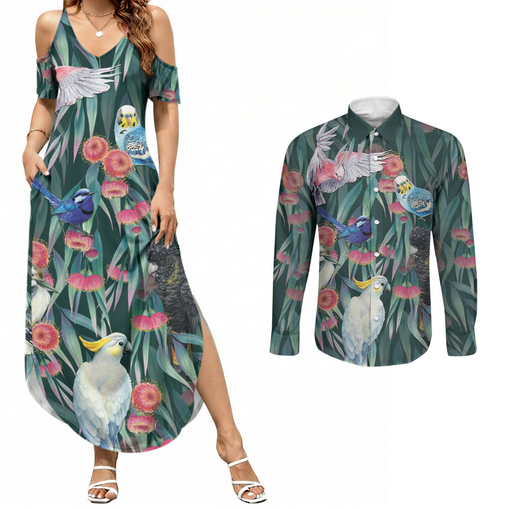 Australia Native Birds on Eucalyptus Couples Matching Summer Maxi Dress and Long Sleeve Button Shirt Dark Teal