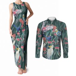 Australia Native Birds on Eucalyptus Couples Matching Tank Maxi Dress and Long Sleeve Button Shirt Dark Teal