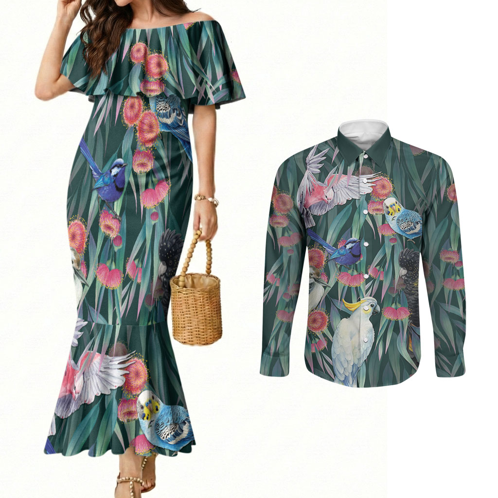 Australia Native Birds on Eucalyptus Couples Matching Mermaid Dress and Long Sleeve Button Shirt Dark Teal