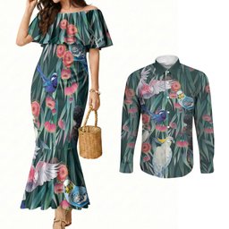 Australia Native Birds on Eucalyptus Couples Matching Mermaid Dress and Long Sleeve Button Shirt Dark Teal