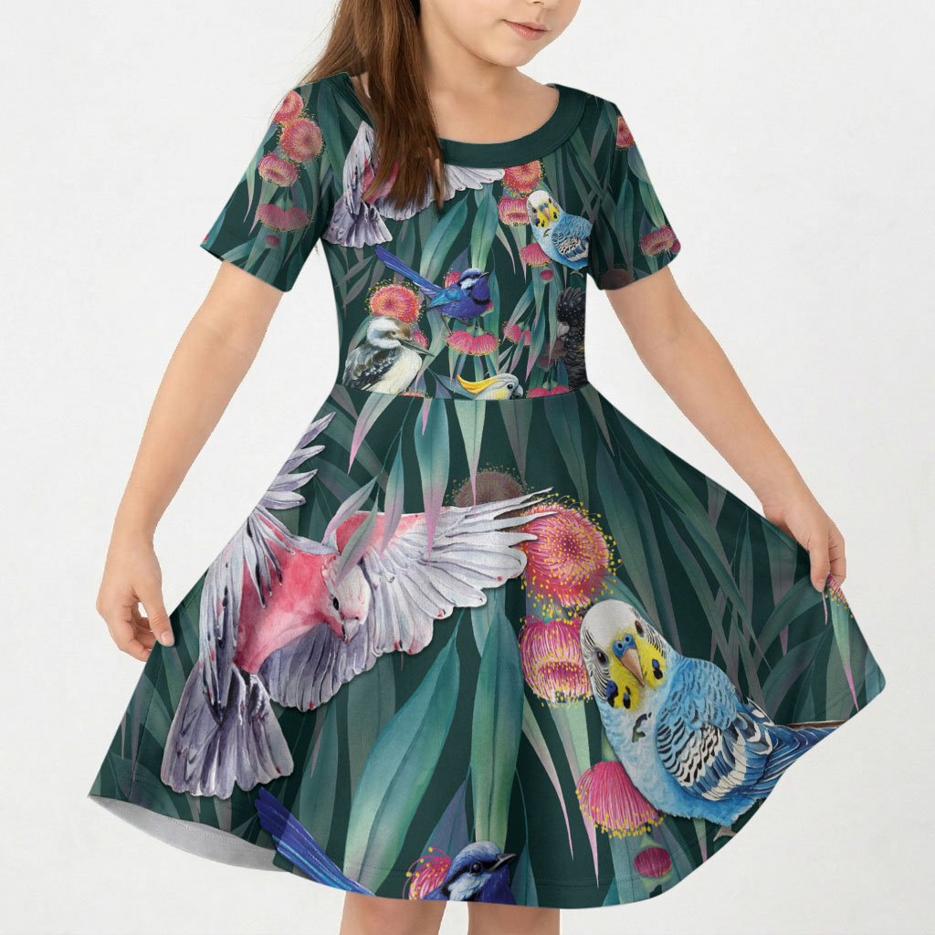 Australia Native Birds on Eucalyptus Kid Short Sleeve Dress Dark Teal