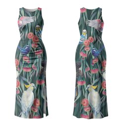 Australia Native Birds on Eucalyptus Couples Matching Tank Maxi Dress and Long Sleeve Button Shirt Dark Teal