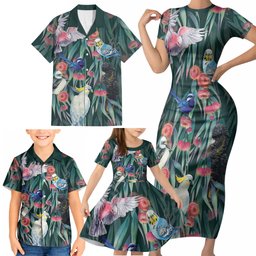 Australia Native Birds on Eucalyptus Family Matching Short Sleeve Bodycon Dress and Hawaiian Shirt Dark Teal