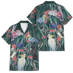 Australia Native Birds on Eucalyptus Family Matching Off Shoulder Maxi Dress and Hawaiian Shirt Dark Teal