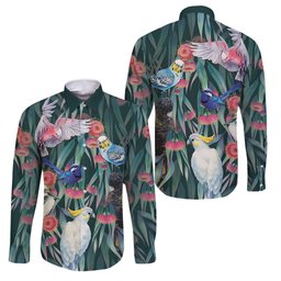 Australia Native Birds on Eucalyptus Family Matching Off Shoulder Short Dress and Hawaiian Shirt Dark Teal