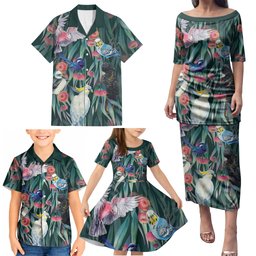 Australia Native Birds on Eucalyptus Family Matching Puletasi and Hawaiian Shirt Dark Teal