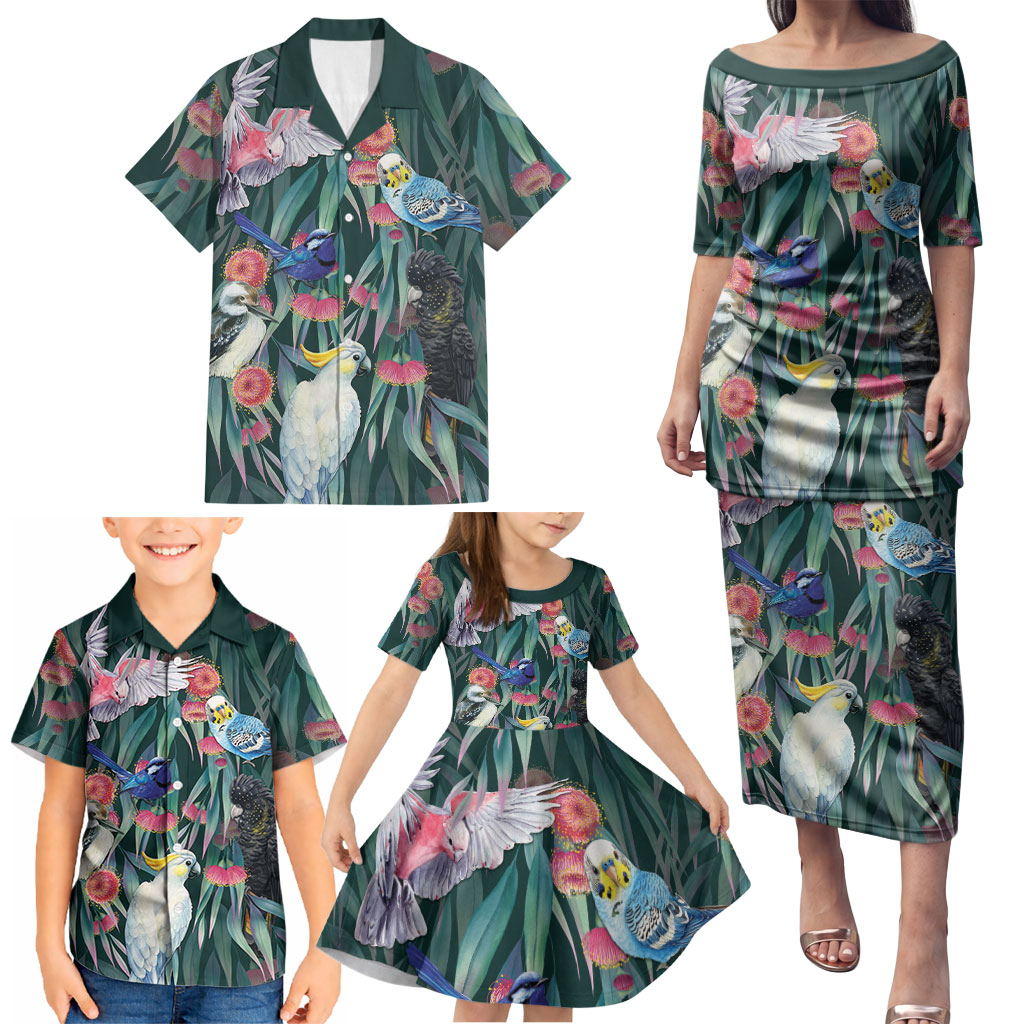 Australia Native Birds on Eucalyptus Family Matching Puletasi and Hawaiian Shirt Dark Teal