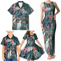 Australia Native Birds on Eucalyptus Family Matching Tank Maxi Dress and Hawaiian Shirt Dark Teal