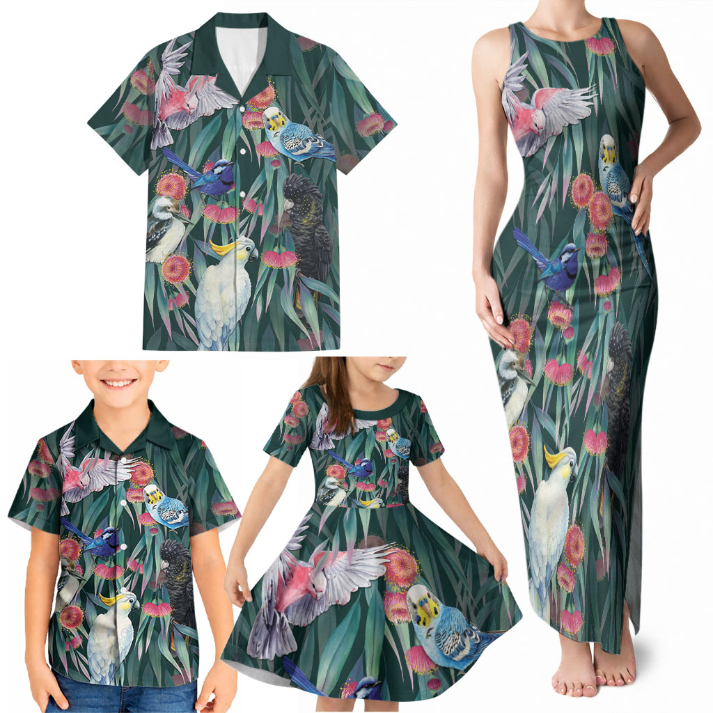 Australia Native Birds on Eucalyptus Family Matching Tank Maxi Dress and Hawaiian Shirt Dark Teal
