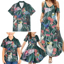 Australia Native Birds on Eucalyptus Family Matching Summer Maxi Dress and Hawaiian Shirt Dark Teal