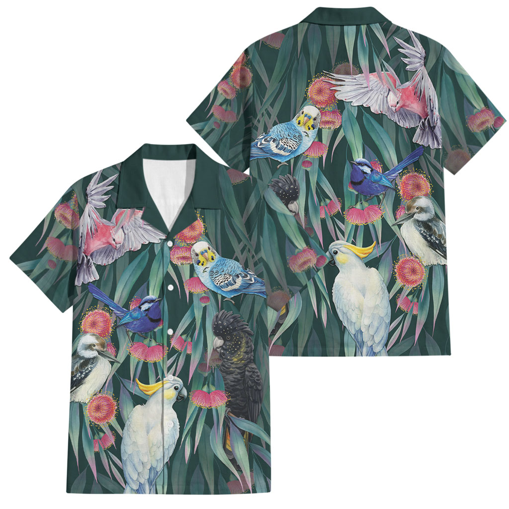 Australia Native Birds on Eucalyptus Family Matching Puletasi and Hawaiian Shirt Dark Teal