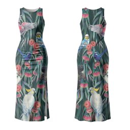 Australia Native Birds on Eucalyptus Family Matching Tank Maxi Dress and Hawaiian Shirt Dark Teal
