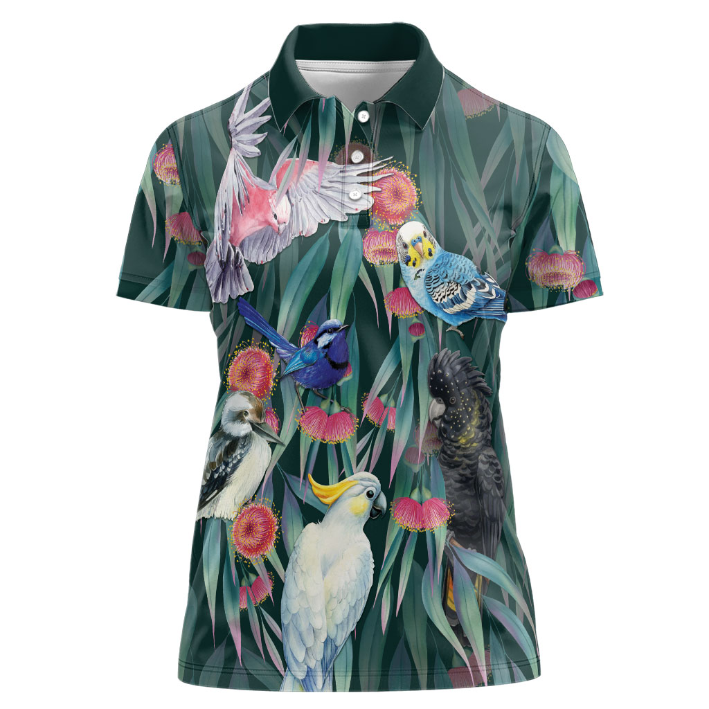 Australia Native Birds on Eucalyptus Women Polo Shirt Dark Teal