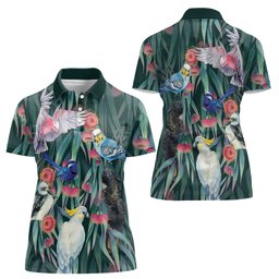 Australia Native Birds on Eucalyptus Women Polo Shirt Dark Teal