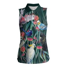 Australia Native Birds on Eucalyptus Women Sleeveless Polo Shirt Dark Teal