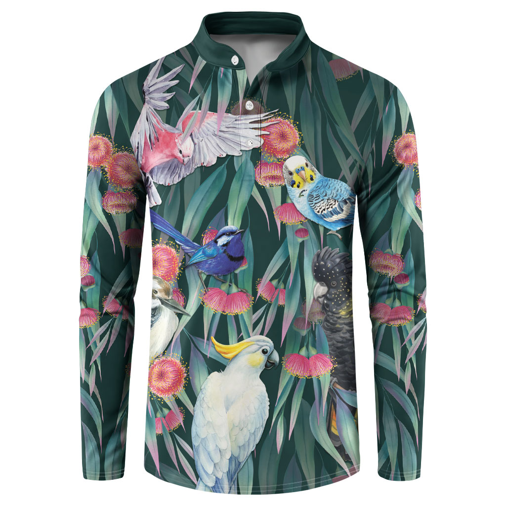 Australia Native Birds on Eucalyptus Button Sweatshirt Dark Teal