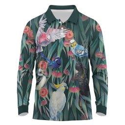 Australia Native Birds on Eucalyptus Long Sleeve Polo Shirt Dark Teal
