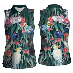 Australia Native Birds on Eucalyptus Women Sleeveless Polo Shirt Dark Teal