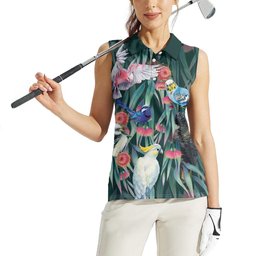 Australia Native Birds on Eucalyptus Women Sleeveless Polo Shirt Dark Teal